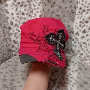 Y2K Era Pink Cap with Cross Embroidery